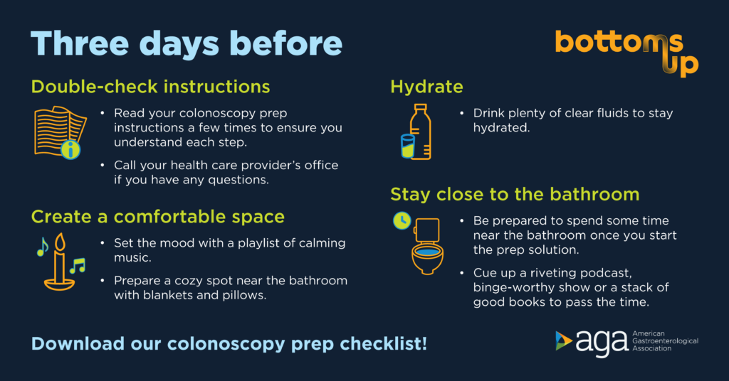 Tips for what to do beginning three days before a colonoscopy